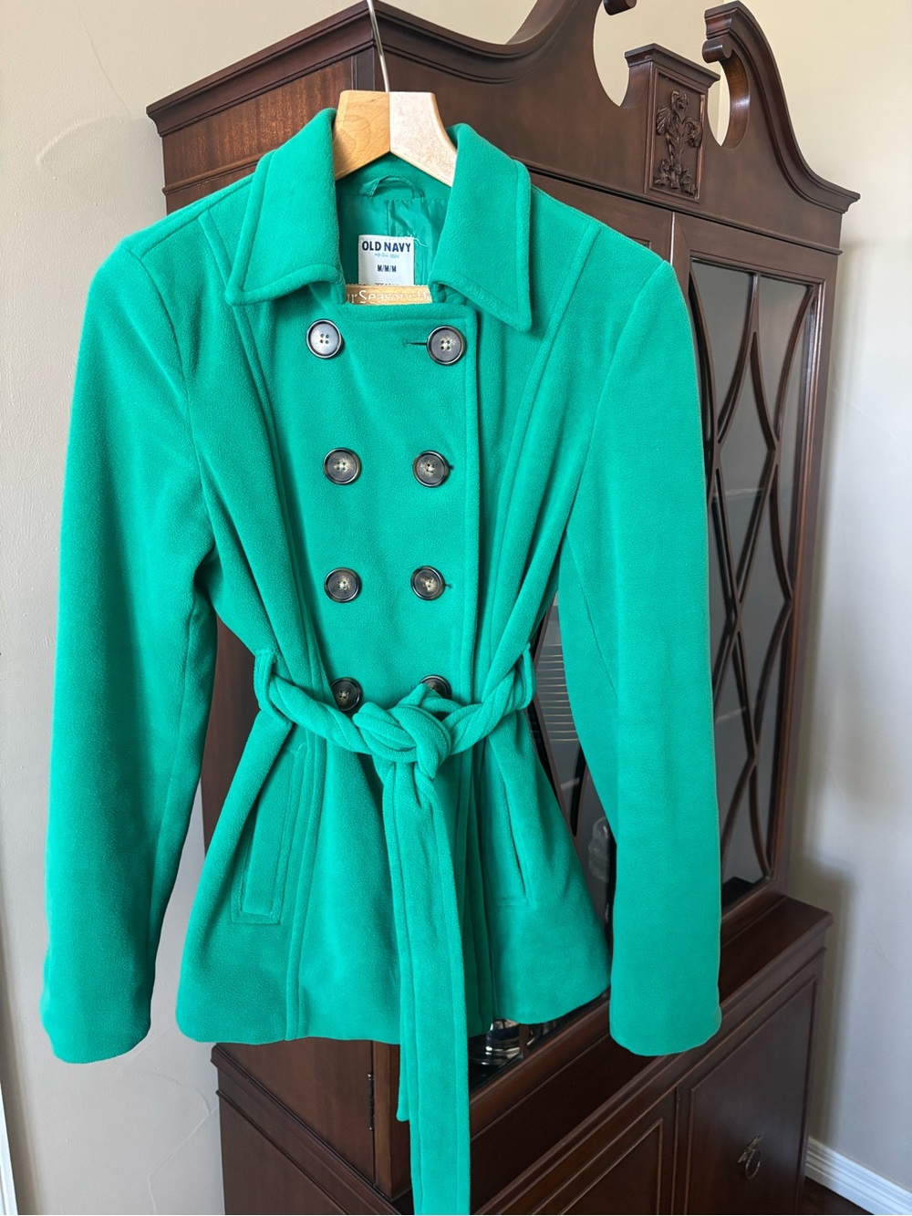 Old Navy Women's Emerald Green Double-Breasted Belted Peacoat-fleecy.